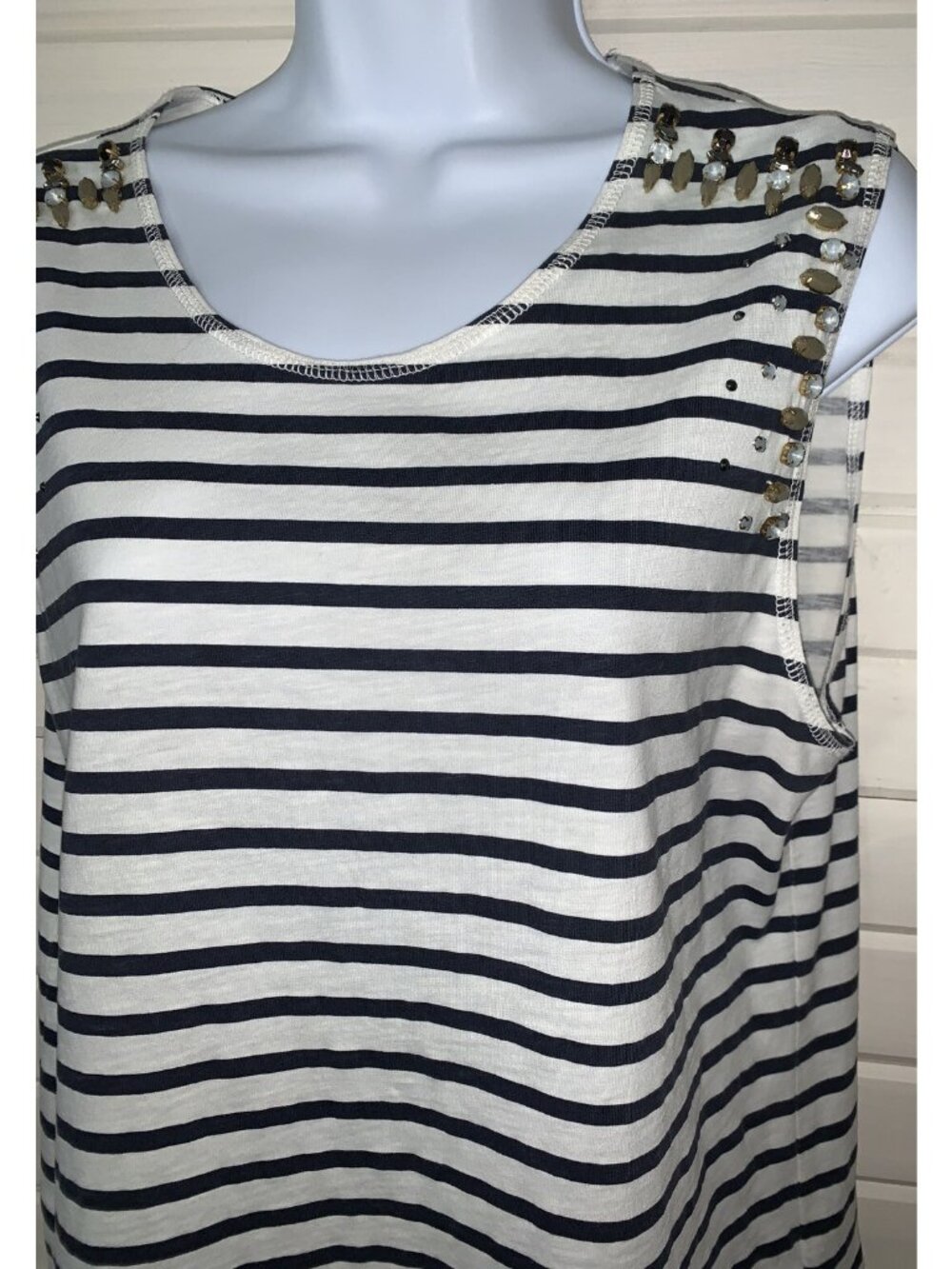 J. Crew Sz MEDIUM Mixed Stone Striped Muscle Tank Top Jewel Shoulder Cotton EUC